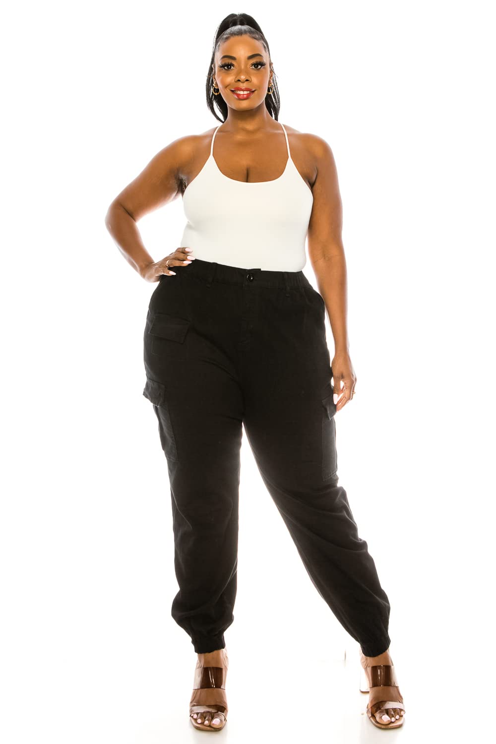 Double Denim January 5th Women's Plus Size High Waist Camouflage Cargo Jogger Elastic Waistband Casual Tapered Pants SCP-2049-BLACK-S