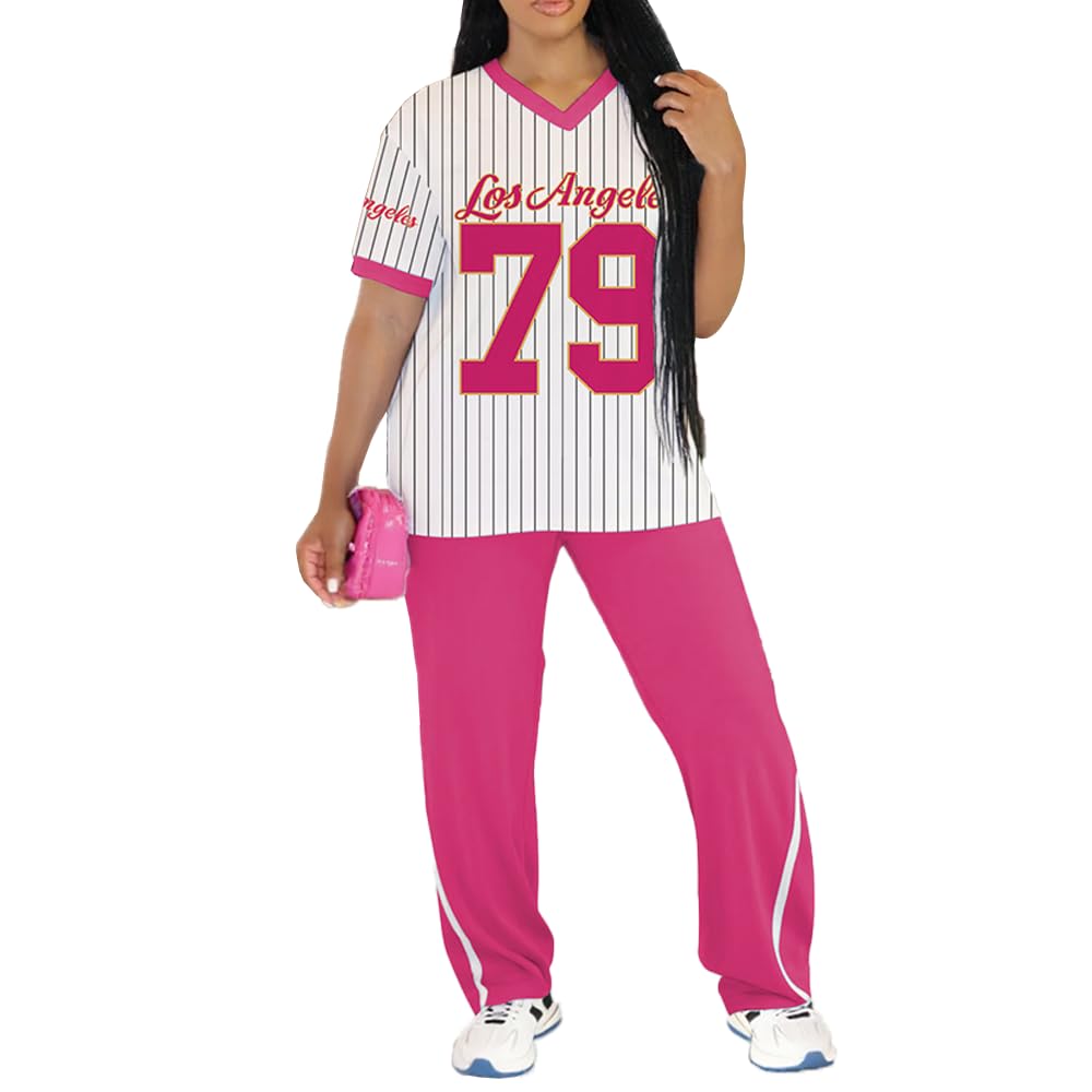 PINSV 2 Piece Sets for Women Summer Casual Outfits Jersey Shirts and High Waisted Pants Sets