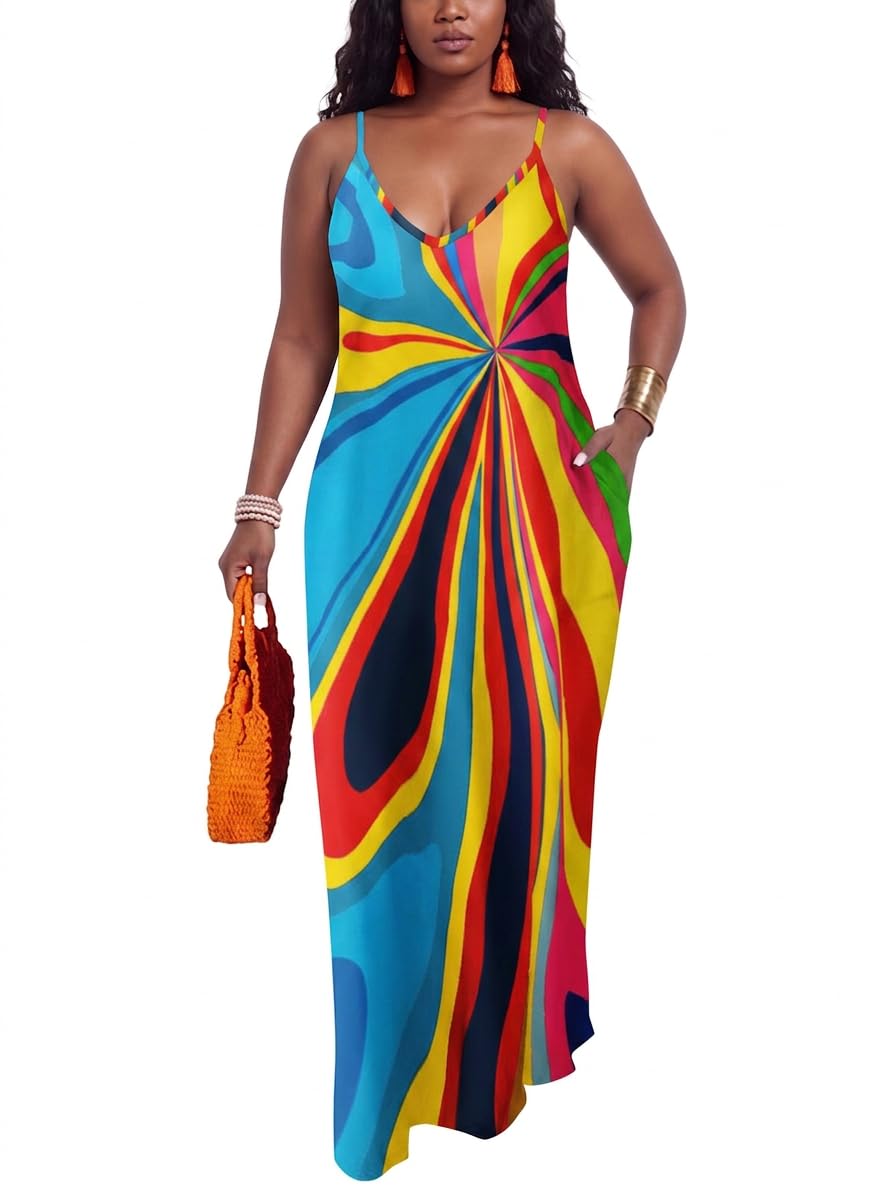 PerZeal Women's Summer Casual Maxi Dresses Sexy Floor Length V-Neck Spaghetti Strap Sleeveless Colorful Sundresses Plus Size