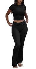 AYWA Women's 2 Piece Lounge Sets Short Sleeve Crop Top Foldover Flare Pants Casual Pajama Outfits