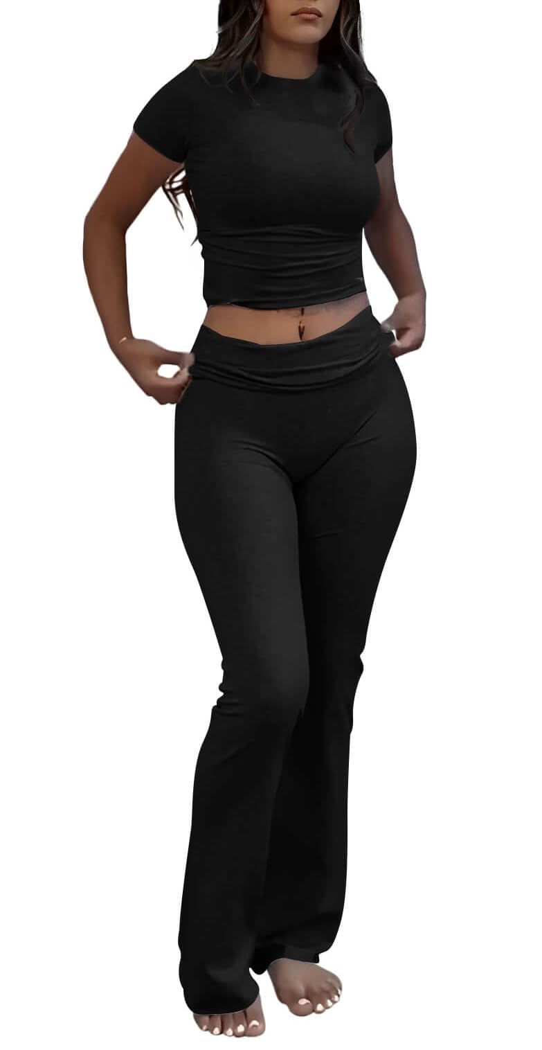 AYWA Women's 2 Piece Lounge Sets Short Sleeve Crop Top Foldover Flare Pants Casual Pajama Outfits