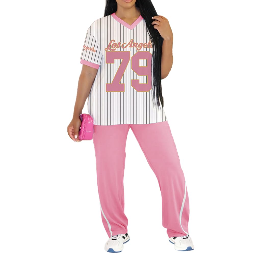 PINSV 2 Piece Sets for Women Summer Casual Outfits Jersey Shirts and High Waisted Pants Sets