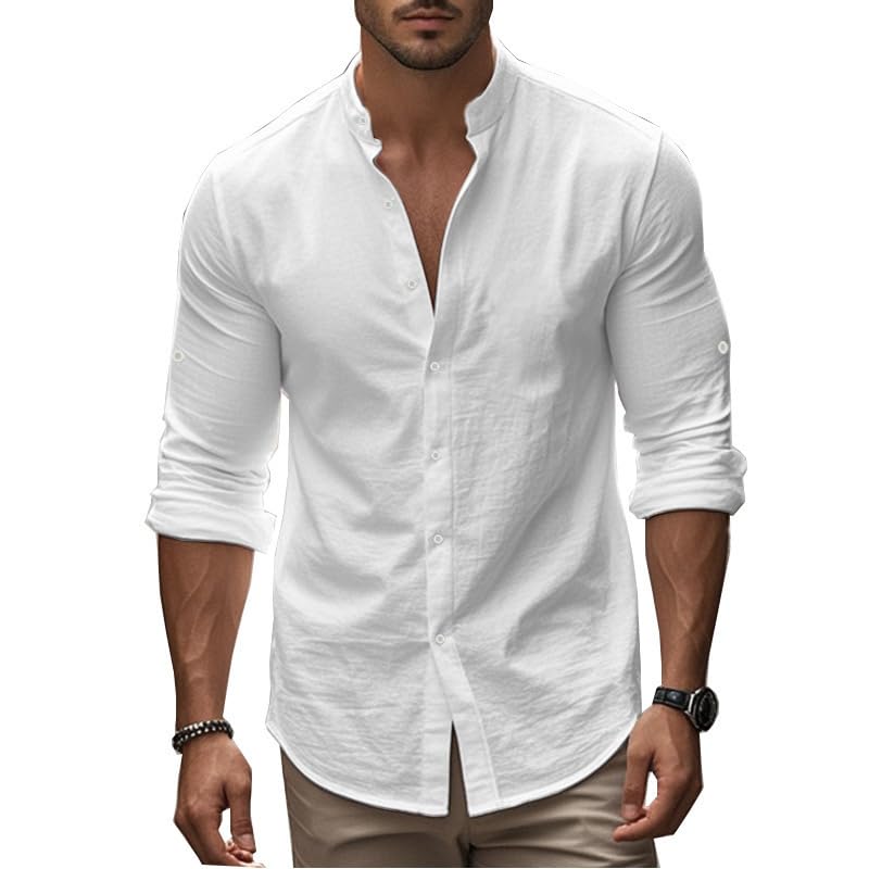 Men's Long Sleeve Button Down Shirts 2026 Trendy Henley Neck Linen Shirts Regular Fit Summer Beach Vacation Tops