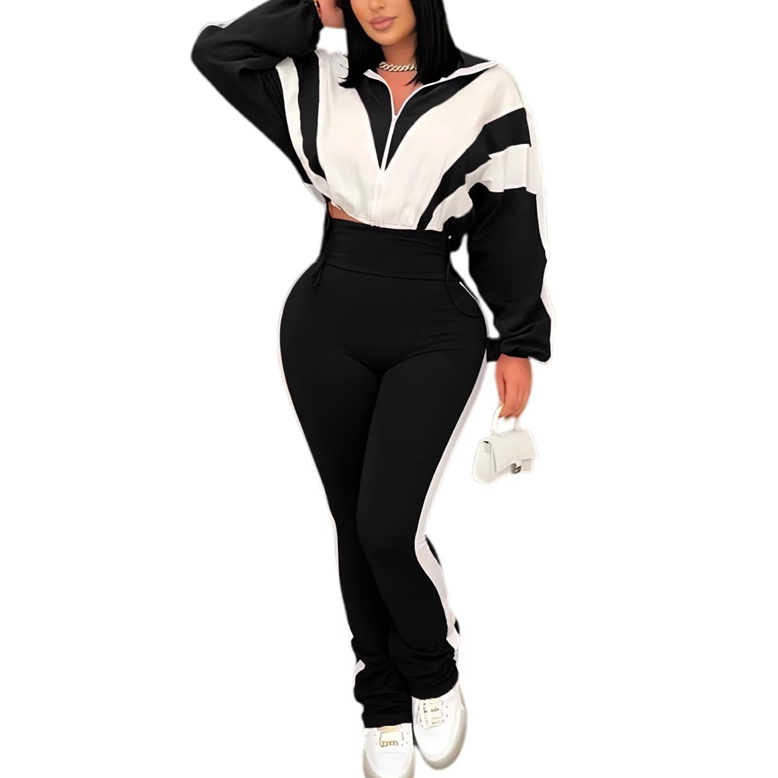 Remelon Womens 2 Piece Set Sweatsuit Color Block Long Sleeve Zip Up Cropped Jacket Legging Pants Set Tracksuit Jogger Outfits