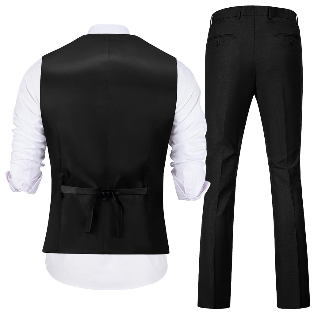 Mens Slim Fit 2 Piece Suit Set V-Neck Solid Dress Suit Vest Pants Wedding Prom Tuxedo for Men