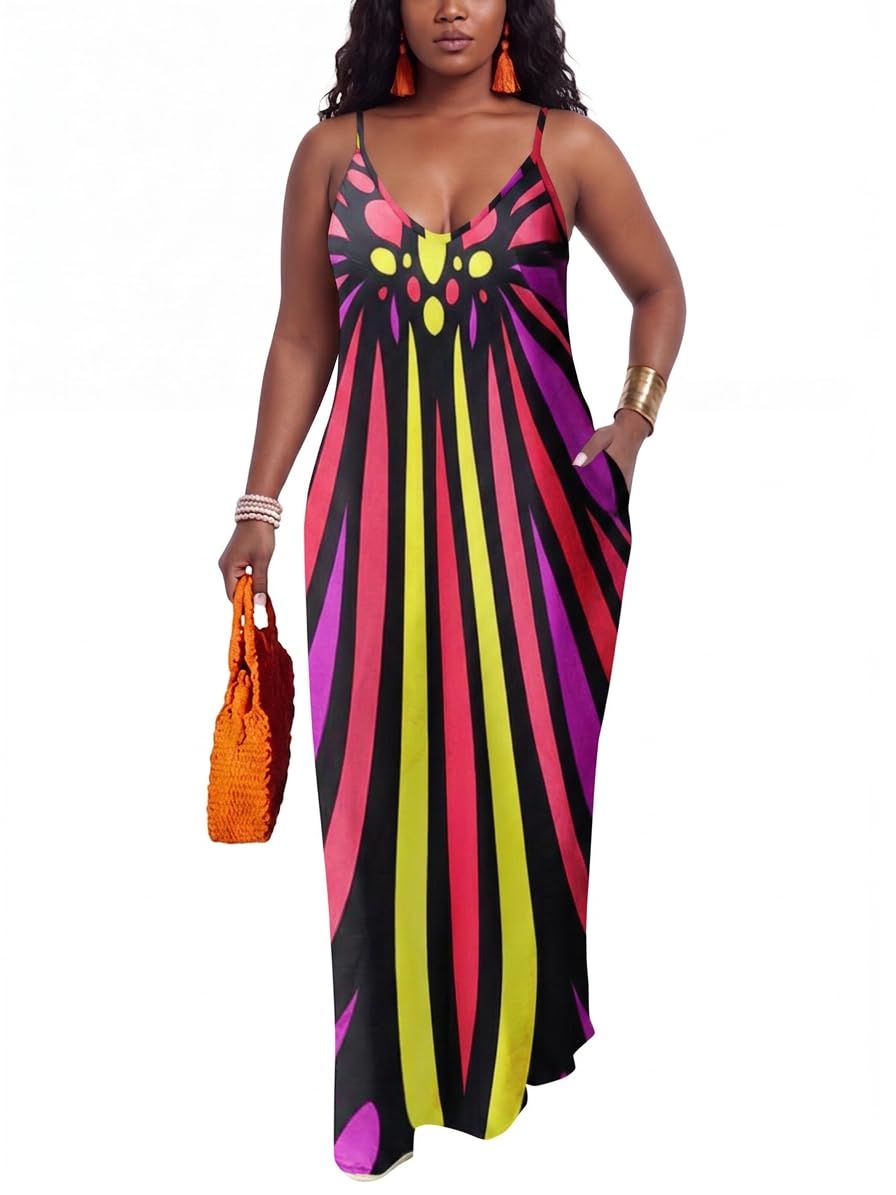 PerZeal Women's Summer Casual Maxi Dresses Sexy Floor Length V-Neck Spaghetti Strap Sleeveless Colorful Sundresses Plus Size