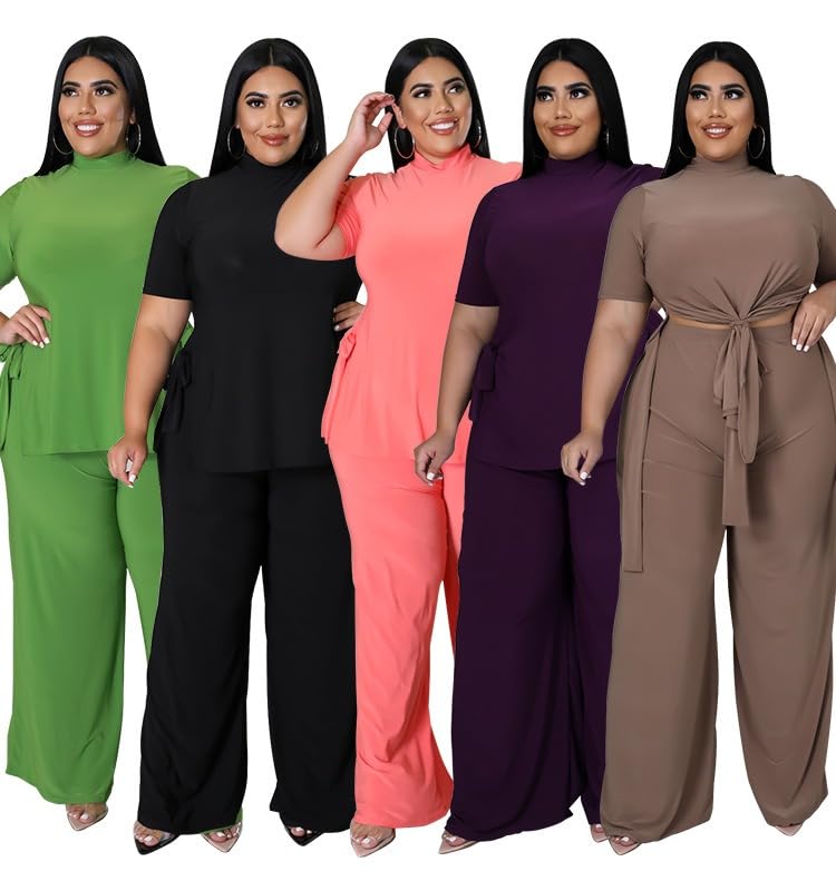 MRSFITOK Wide Leg 2 Piece Outfits for Women Sweatsuit Sexy Short Sleeve Split Shirt Pant Set Casual Tracksuits