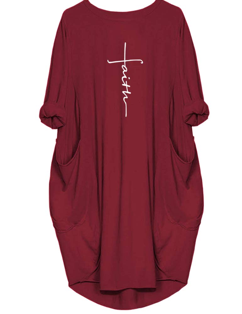 Rfecccy Women's Faith Oversize Baggy Long Sleeve T Shirt Causal Loose Midi Dresses with Pockets