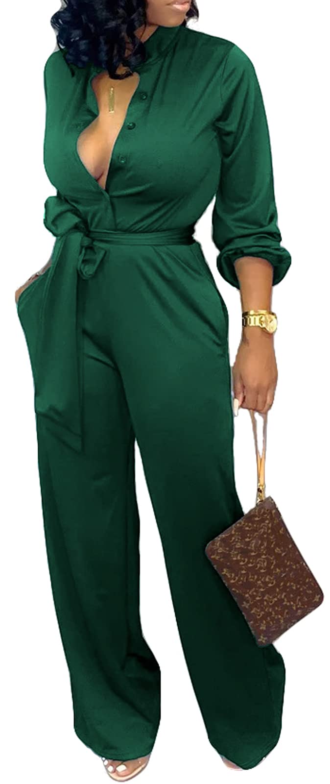 SxClub Jumpsuits for Women Formal Sexy Elegant Long Straight Pants Busineess Party Jumpsuit with Belt Pockets