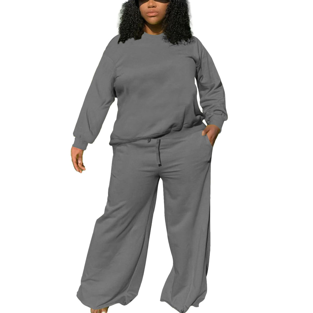 TOPSRANI Womens Plus Size Sweatsuits Tracksuit 2 Piece Outfits Crewneck Lounge Set Long Sleeve Baggy Wide Leg Pant Sets