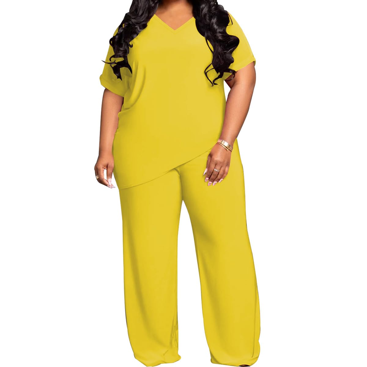 TOPSRANI Womens Plus Size Two Piece Outfits Sweatsuits Casual Tracksuit Short Sleeve Loose Baggy Wide Leg Long Pants Sets
