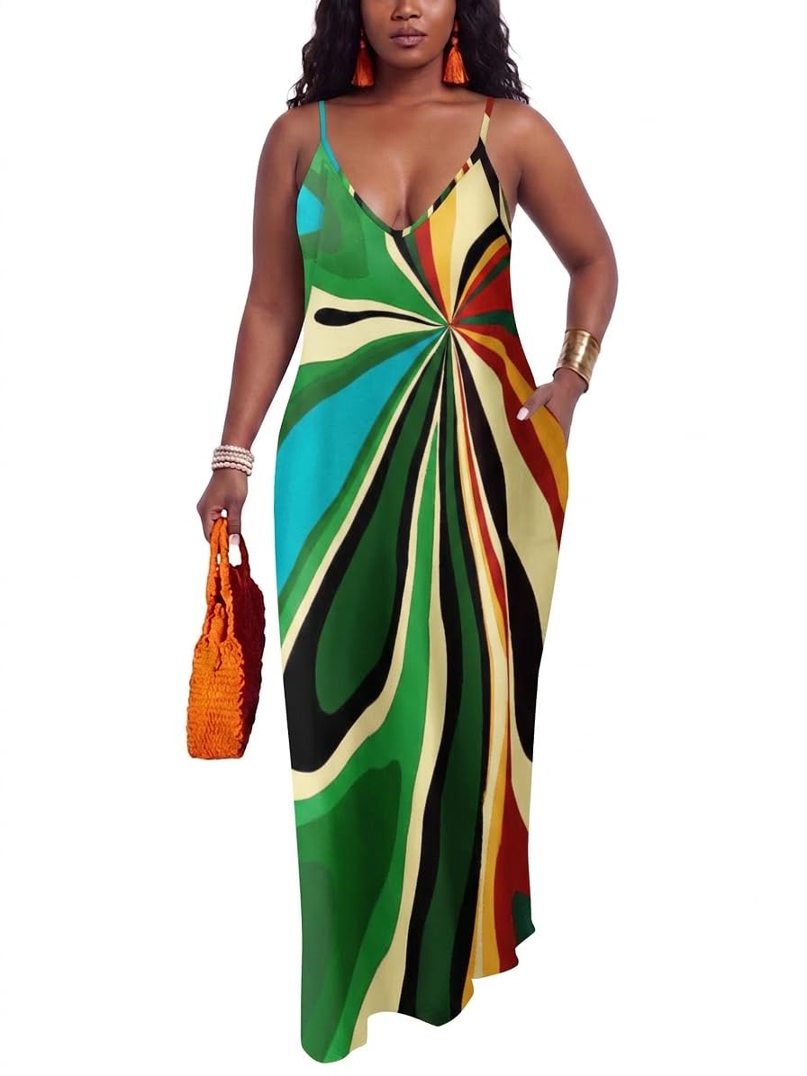 PerZeal Women's Summer Casual Maxi Dresses Sexy Floor Length V-Neck Spaghetti Strap Sleeveless Colorful Sundresses Plus Size