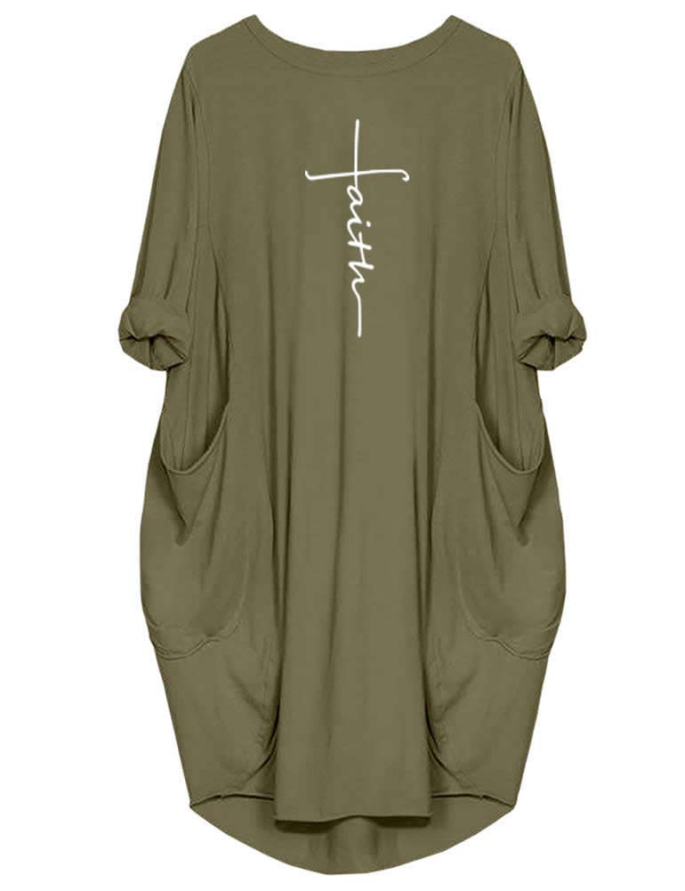 Rfecccy Women's Faith Oversize Baggy Long Sleeve T Shirt Causal Loose Midi Dresses with Pockets