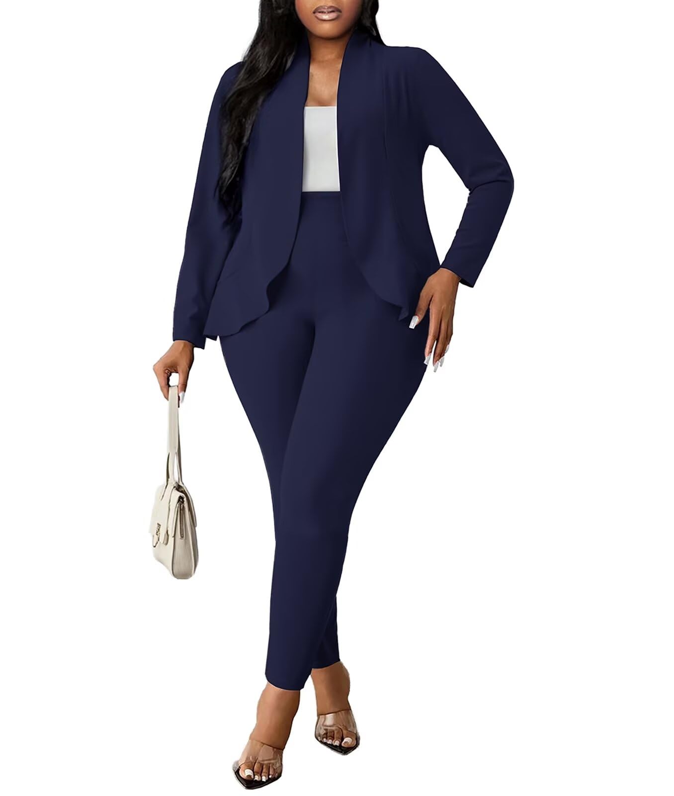 Aro Lora Womens Plus Size 2 Piece Outfits Pantsuits Long Sleeve Ruffle Irregular Hem Open Front Blazer Pant Set