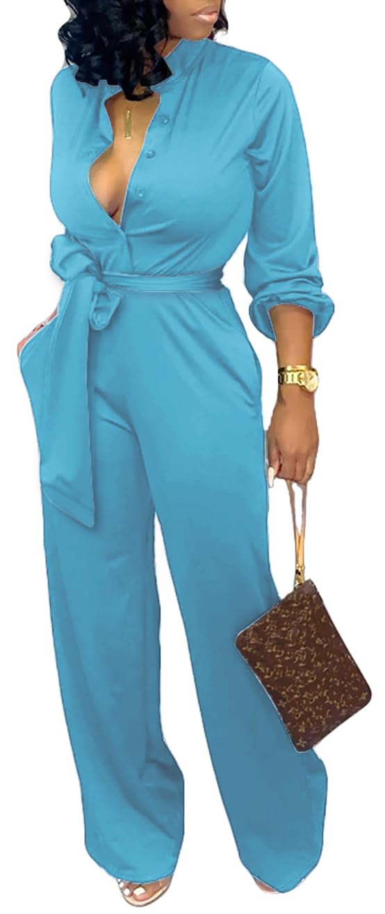SxClub Jumpsuits for Women Formal Sexy Elegant Long Straight Pants Busineess Party Jumpsuit with Belt Pockets