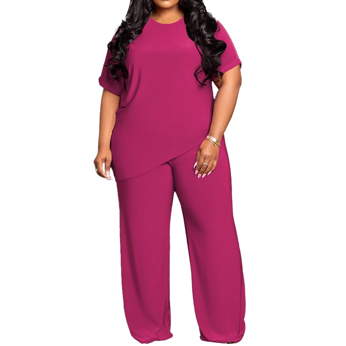 TOPSRANI Womens Plus Size Two Piece Outfits Sweatsuits Casual Tracksuit Short Sleeve Loose Baggy Wide Leg Long Pants Sets