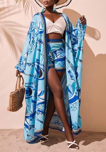 2 Piece Outfits for Women Sexy Beach Cover Up Shorts Set Open Front Long Cardigan