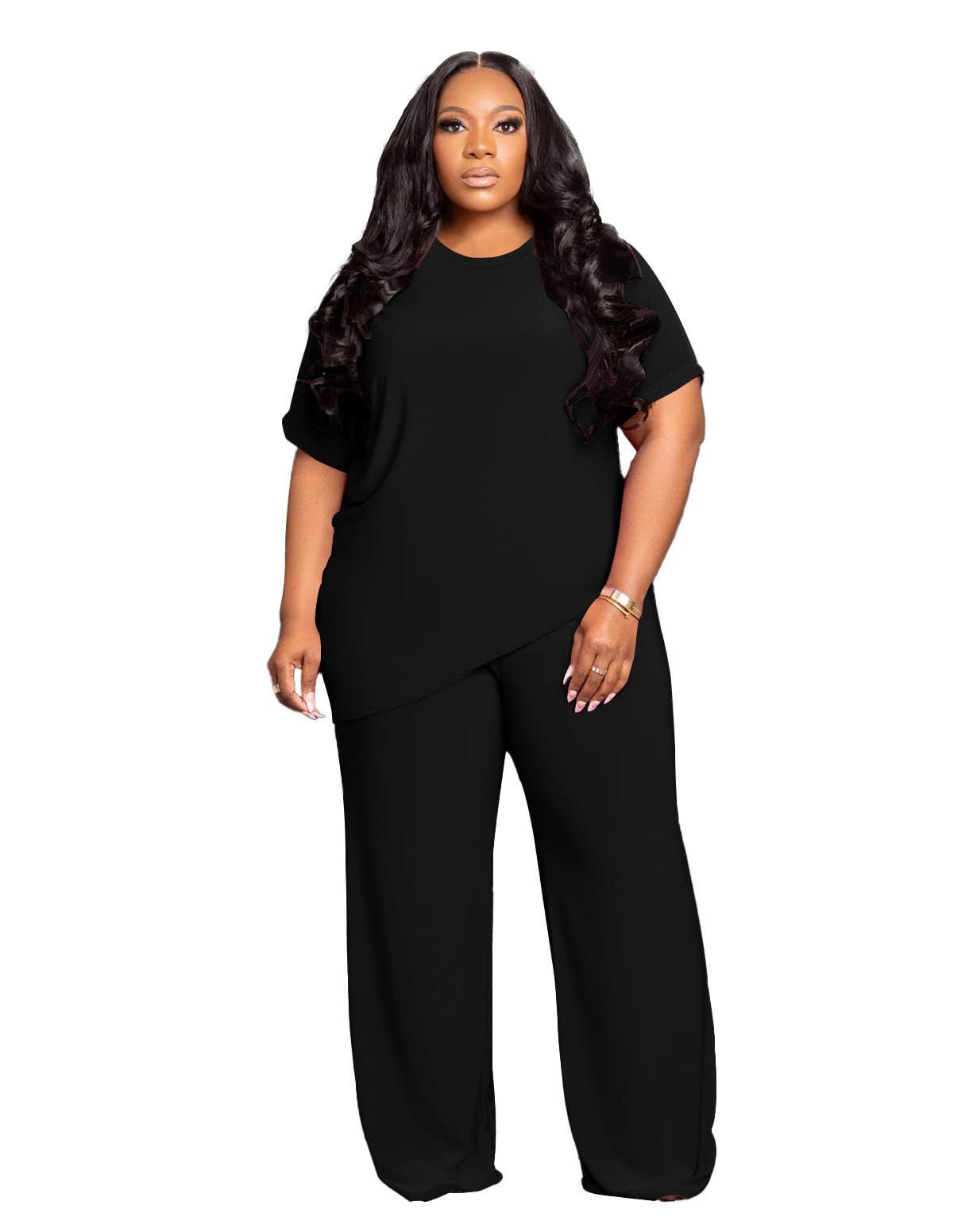 Tycorwd Women's Plus Size Two Piece Outfits Sweatsuits Sets Casual Short Sleeve Tops Loose Wide Leg Pants Tracksuit Sets