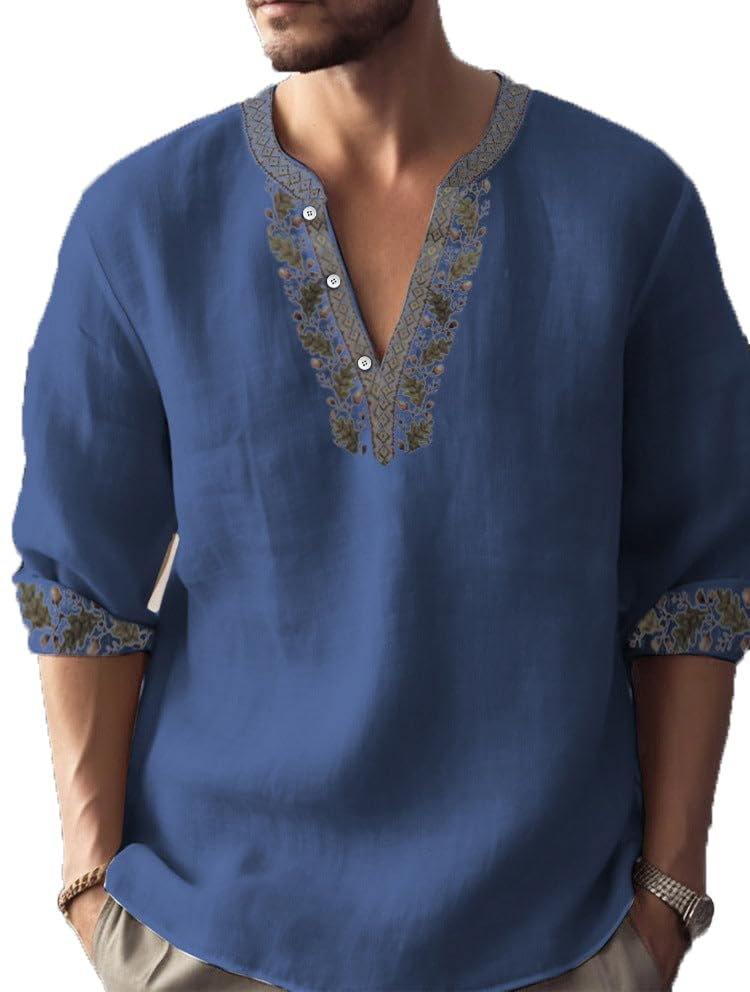 Mens Henley Shirts Summer Casual Button Banded Collar T Shirts Vintage Long Sleeve Cotton Linen Beach Pullover Tops