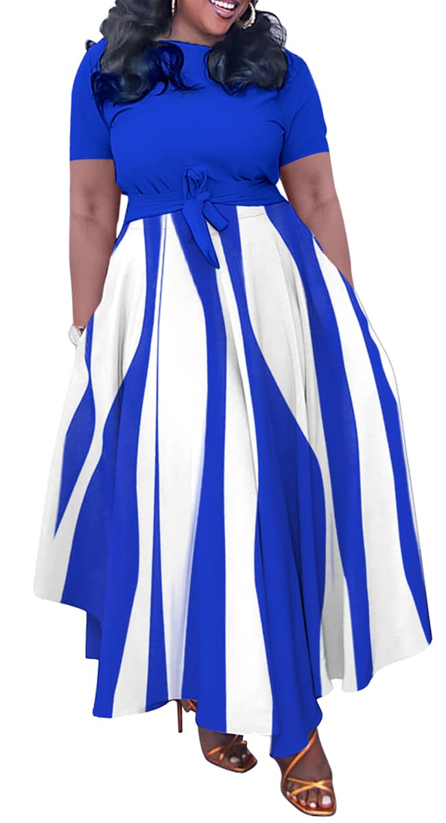 BFFBABY Plus Size Dress A Line Dresses for Women Summer Long Dresses with Sleeve Casual Belted