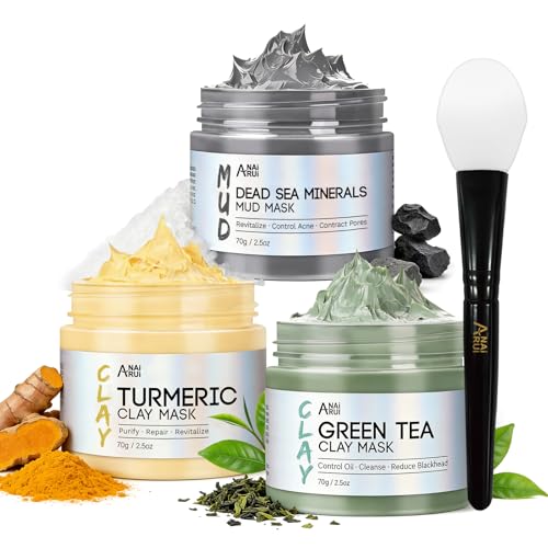 ANAI RUI 3Pcs Face Mask Set, Turmeric Clay Mask - Green Tea Face Mask - Dead Sea Minerals Mud Mask,Self Care Gifts for Women 2.5 oz each