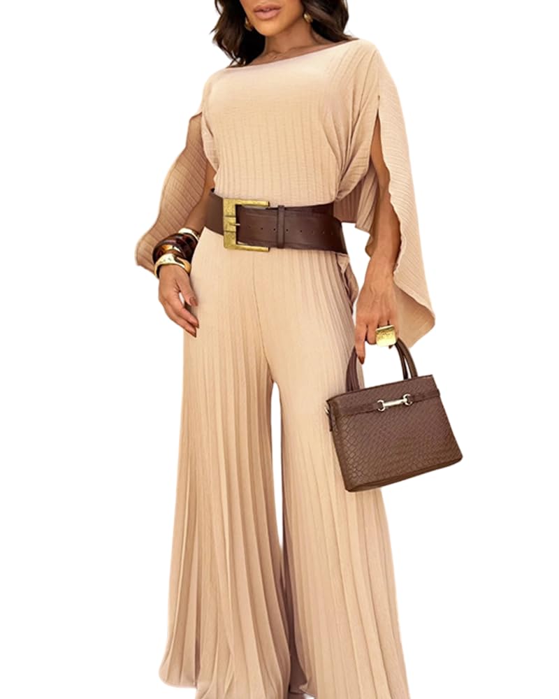 CHICME Women's 3 Piece Pleated Outfits One Shoulder Tops with High Waisted Wide Leg Pants Casual Vacation Outfit