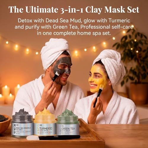 ANAI RUI 3Pcs Face Mask Set, Turmeric Clay Mask - Green Tea Face Mask - Dead Sea Minerals Mud Mask,Self Care Gifts for Women 2.5 oz each