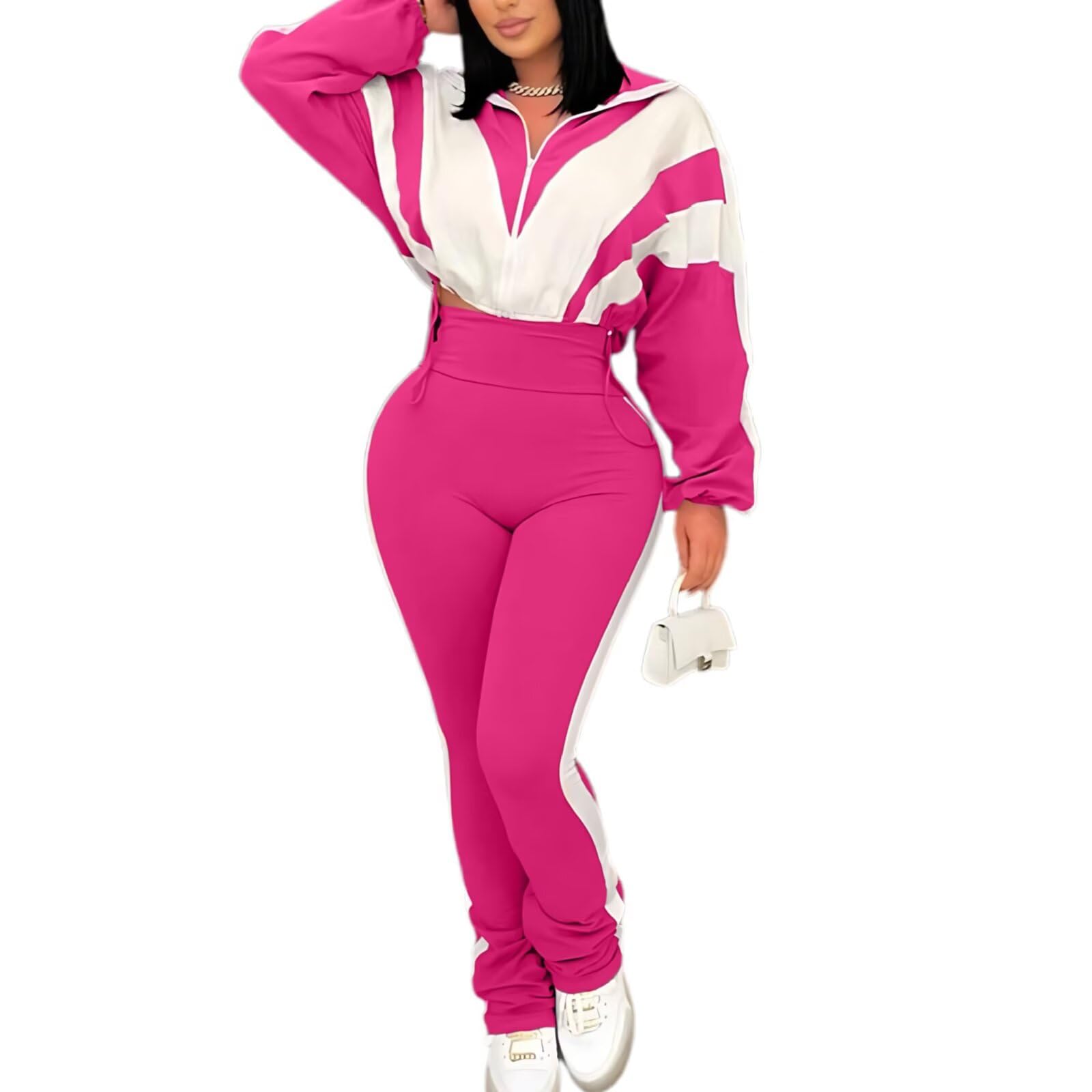 Remelon Womens 2 Piece Set Sweatsuit Color Block Long Sleeve Zip Up Cropped Jacket Legging Pants Set Tracksuit Jogger Outfits