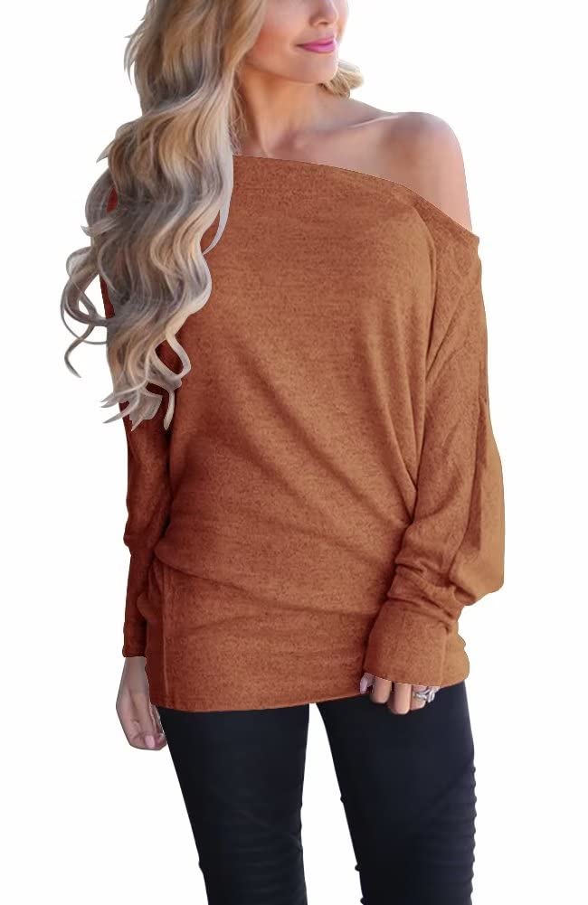 Lacozy Women's Off Shoulder Long Sleeve Oversized Pullover Sweater Knit Jumper Loose Tunic Tops