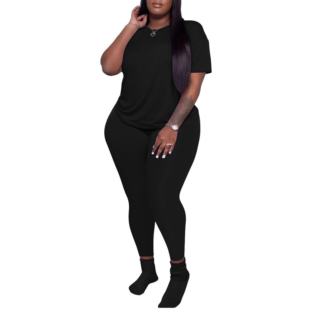 PINSV Women's Plus Size 2 Piece Outfits Tracksuits Short Sleeve Top Pants Sets Sweatsuits