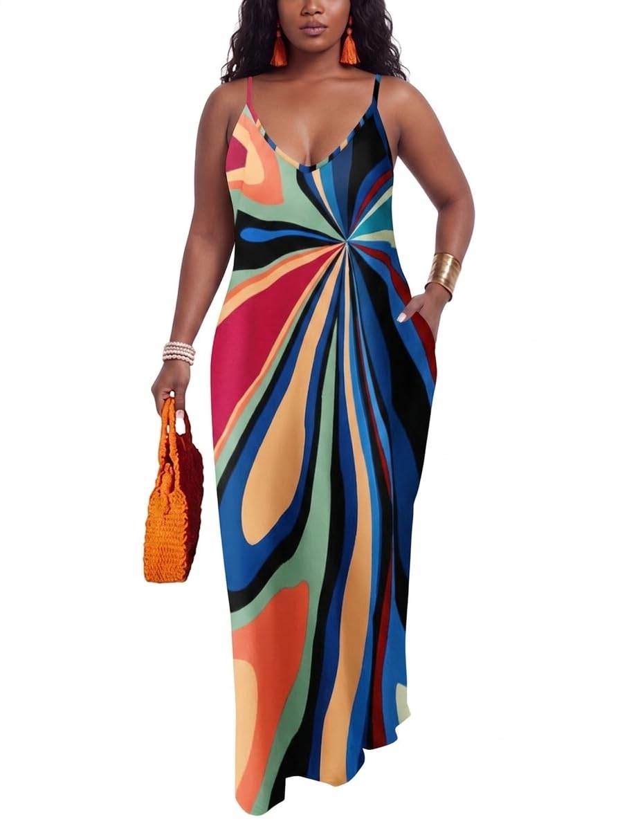 PerZeal Women's Summer Casual Maxi Dresses Sexy Floor Length V-Neck Spaghetti Strap Sleeveless Colorful Sundresses Plus Size