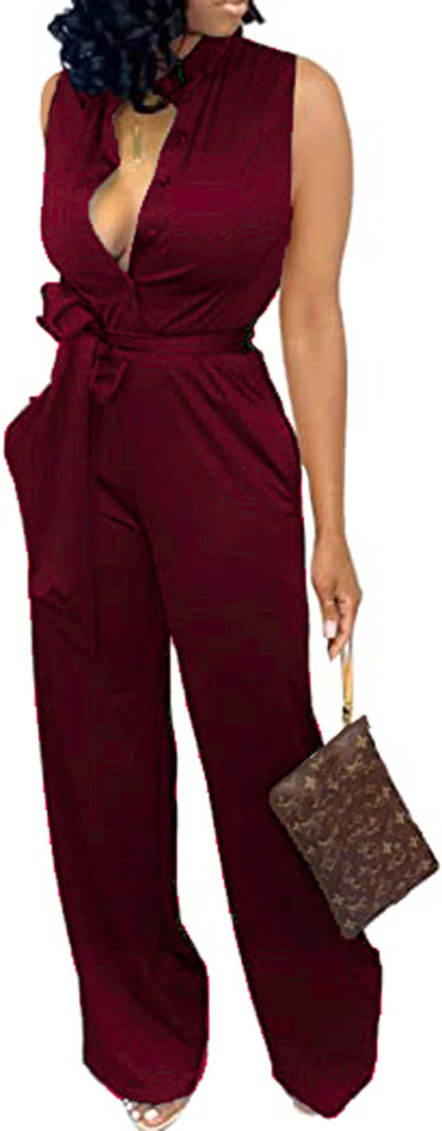 SxClub Jumpsuits for Women Formal Sexy Elegant Long Straight Pants Busineess Party Jumpsuit with Belt Pockets