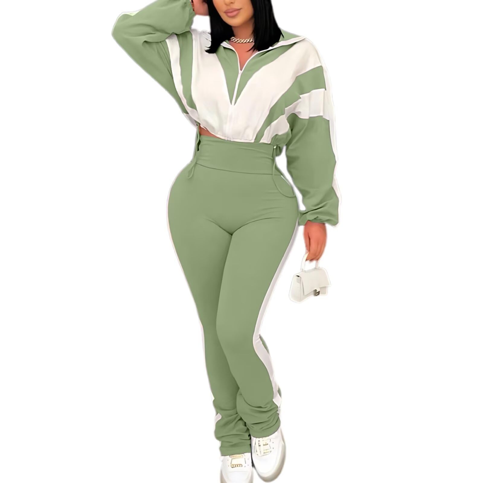 Remelon Womens 2 Piece Set Sweatsuit Color Block Long Sleeve Zip Up Cropped Jacket Legging Pants Set Tracksuit Jogger Outfits