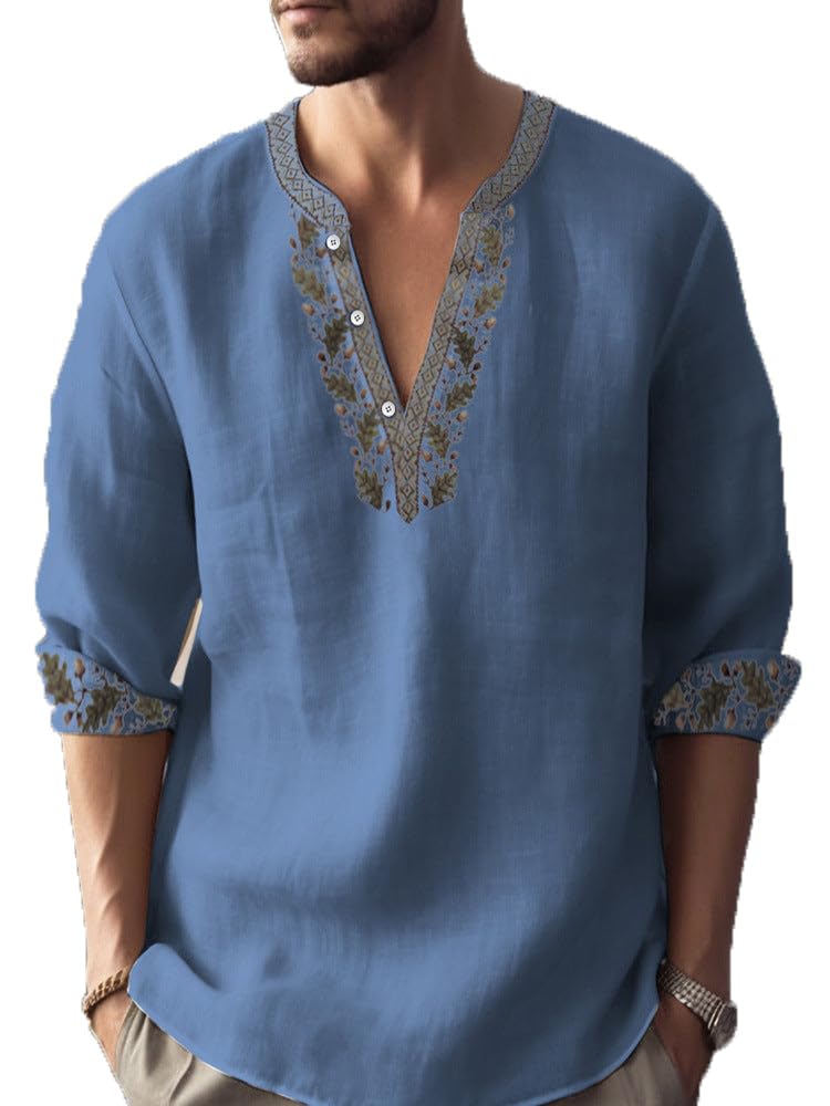 Mens Henley Shirts Summer Casual Button Banded Collar T Shirts Vintage Long Sleeve Cotton Linen Beach Pullover Tops