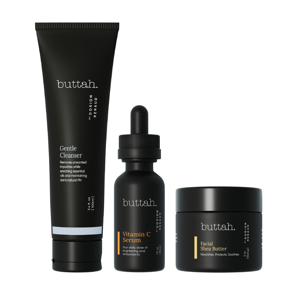 Buttah Transforming Kit for Melanin Rich Skin | Moisturizer 2 oz | Vitamin C Serum 1 oz | Cleanser 3.4 oz | Black Owned Skincare