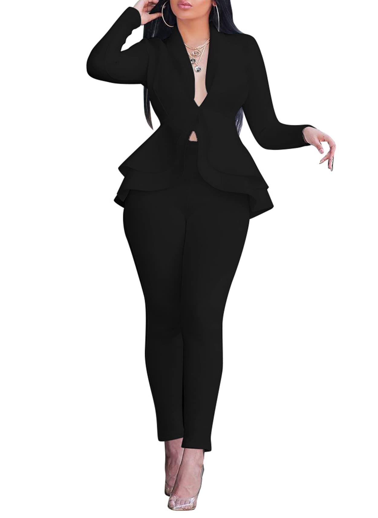 Salimdy Sexy 2 Piece Outfits for Women Long Sleeve Solid Blazer with Pants Casual Elegant Business Suit Sets