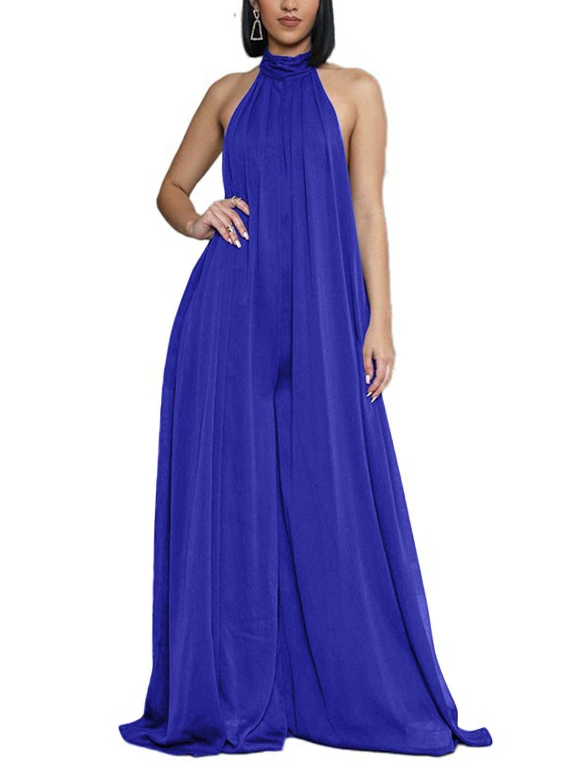Ekaliy Women’s Sexy Summer Jumpsuit Halter Neck Sleeveless Chiffon Wide Leg Long Pant Jumpsuit Romper One Piece Outfits