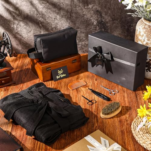 Twistover 9 Pcs Birthday Gifts Baskets for Men Beard Care for Him with Waffle Robe Toiletry Bag Comb Scissors