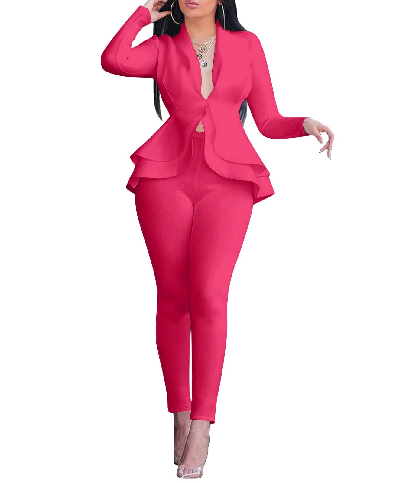 Salimdy Sexy 2 Piece Outfits for Women Long Sleeve Solid Blazer with Pants Casual Elegant Business Suit Sets