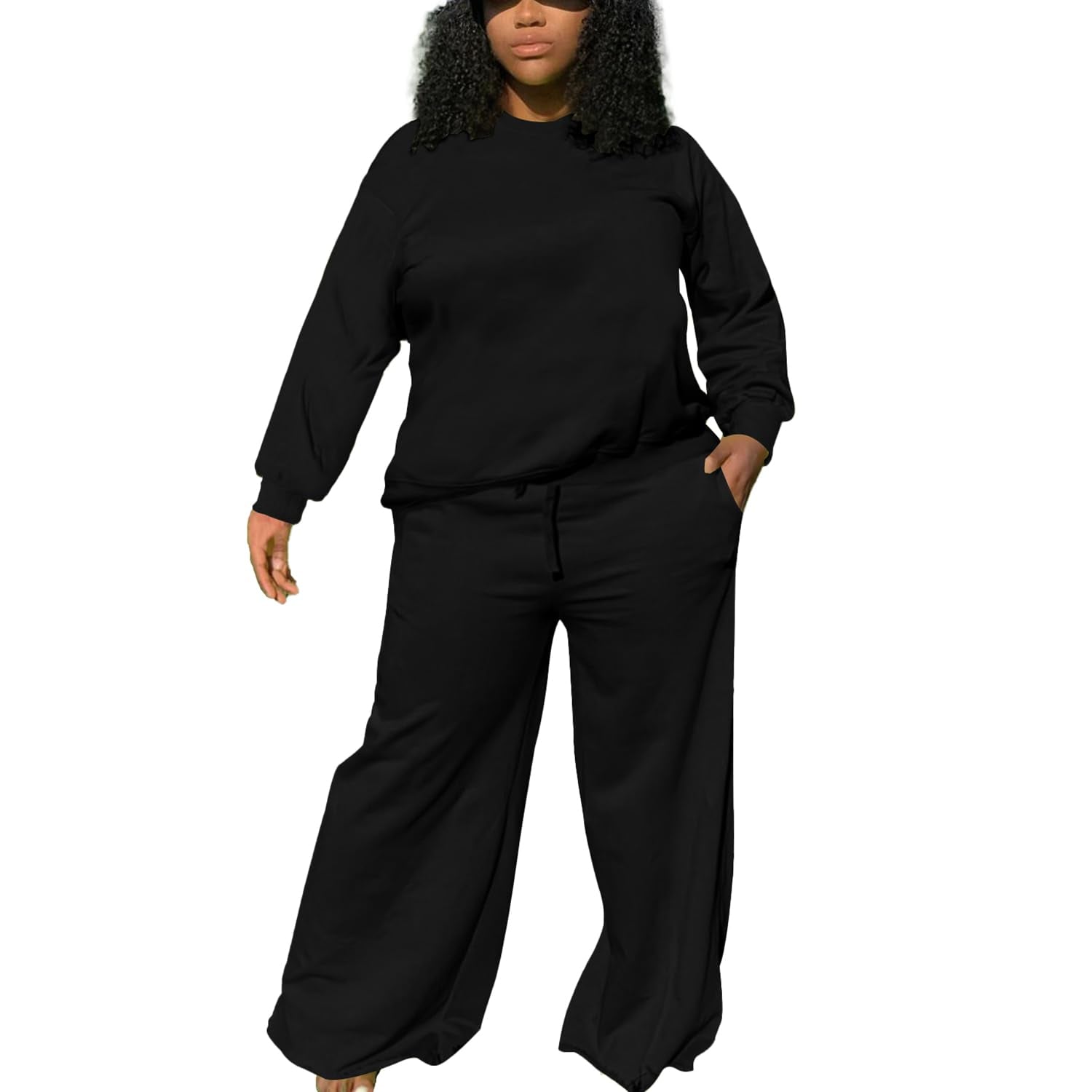 TOPSRANI Womens Plus Size Sweatsuits Tracksuit 2 Piece Outfits Crewneck Lounge Set Long Sleeve Baggy Wide Leg Pant Sets