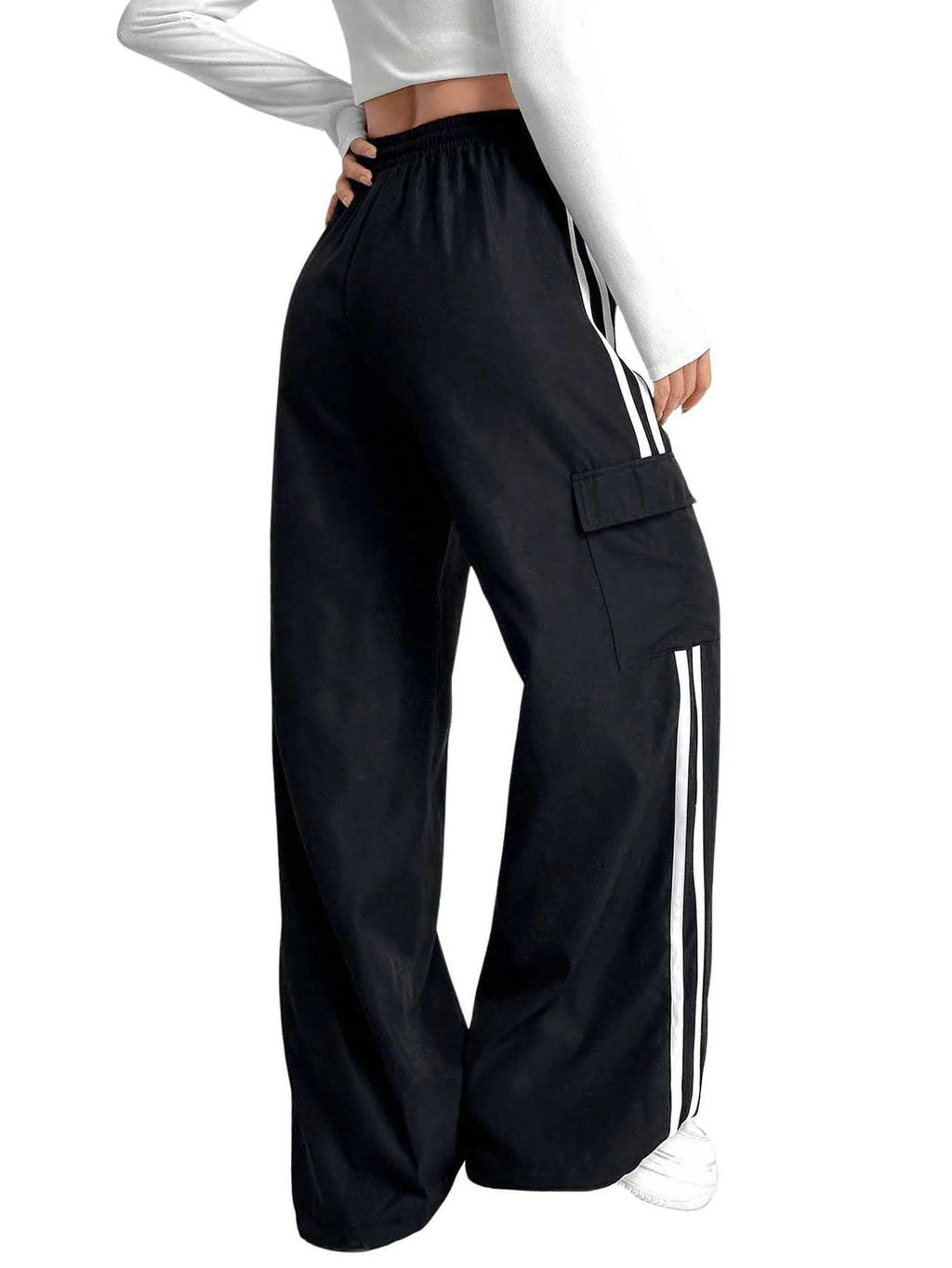 Verdusa Women's Cargo Pants Baggy Straight Wide Leg Track Pants Striped Joggers with Pockets Athletic Streetwear