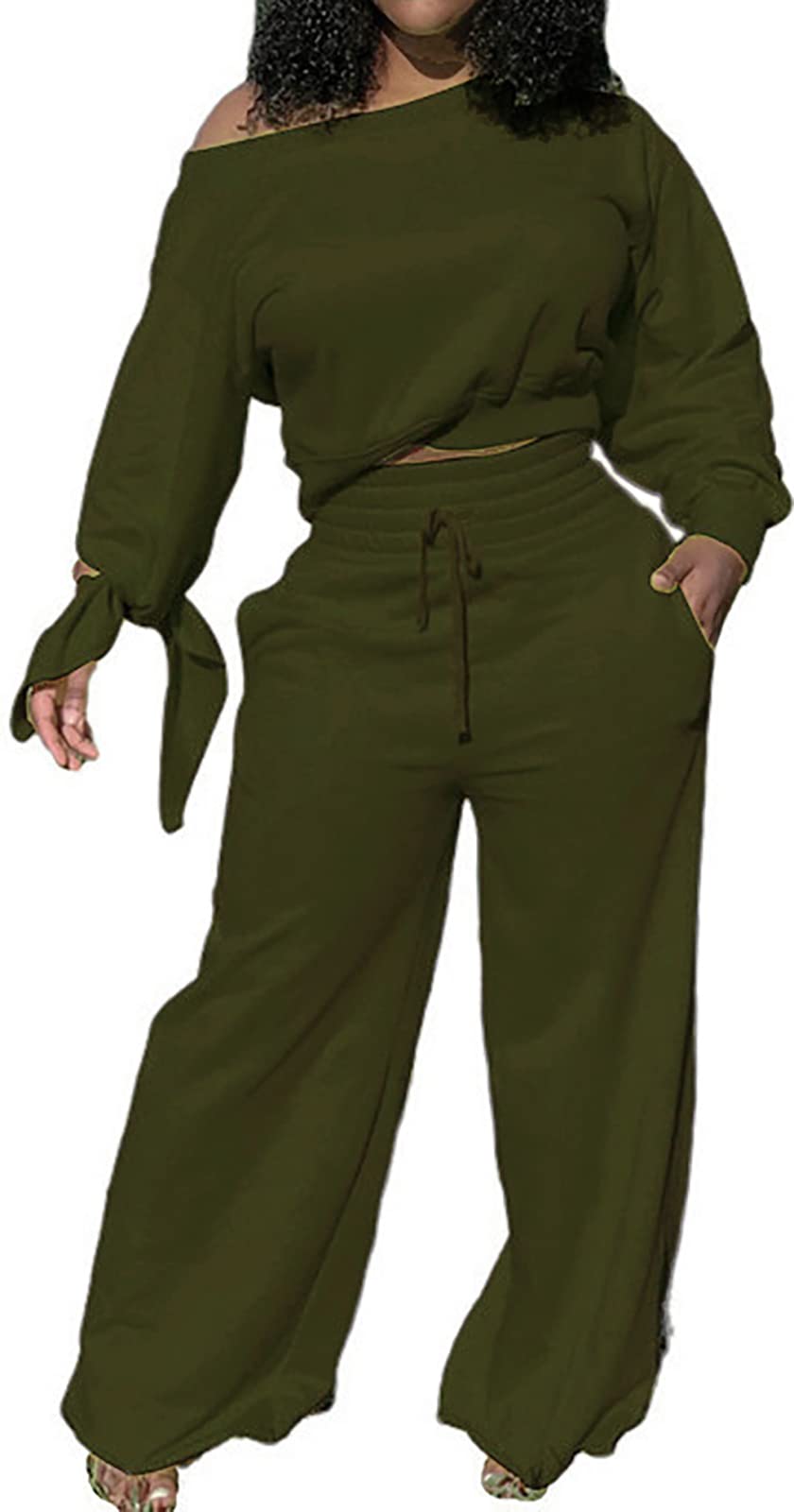 sexycherry Casual 2 Piece Outfits for Women Long Sleeve Sweatsuit Jogging Straight Long Pants Sets with Pockets