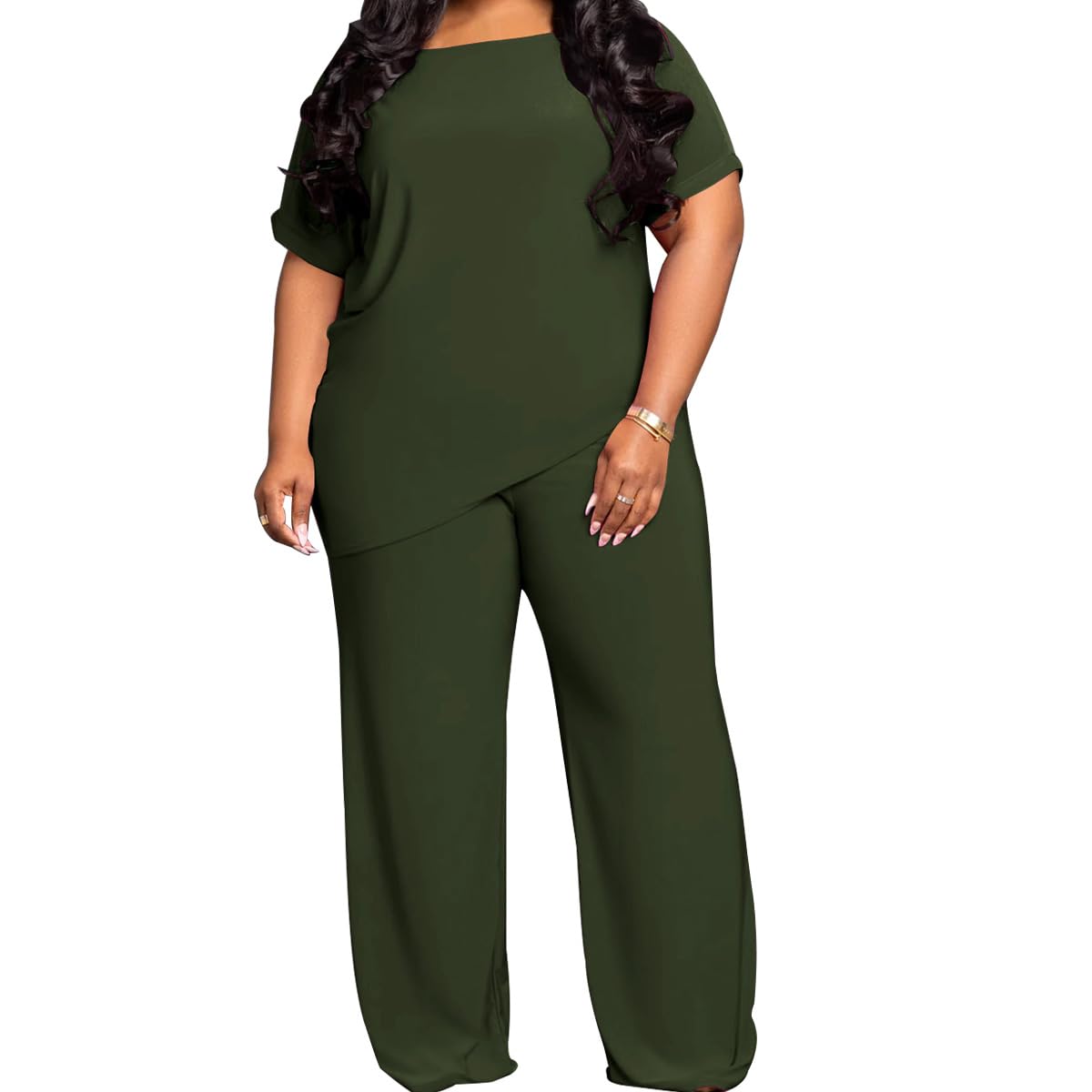 TOPSRANI Womens Plus Size Two Piece Outfits Sweatsuits Casual Tracksuit Short Sleeve Loose Baggy Wide Leg Long Pants Sets