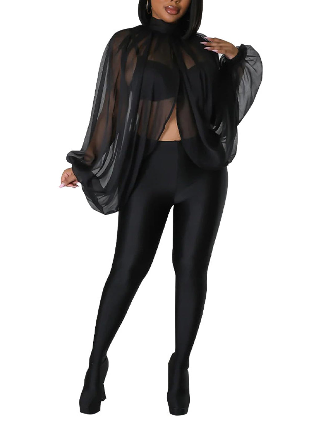 Ophestin Womens Print Sexy Open Back Sheer Chiffon Balloon Sleeve Shirt Blouse Tops Coverup