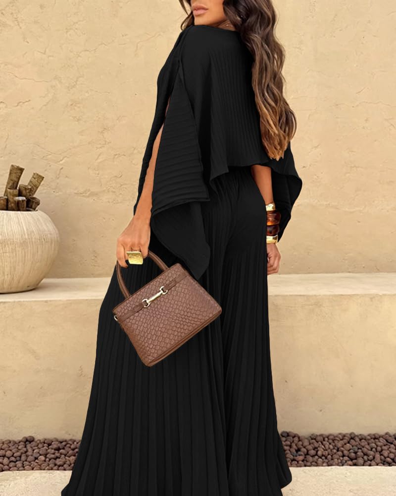 CHICME Women's 3 Piece Pleated Outfits One Shoulder Tops with High Waisted Wide Leg Pants Casual Vacation Outfit