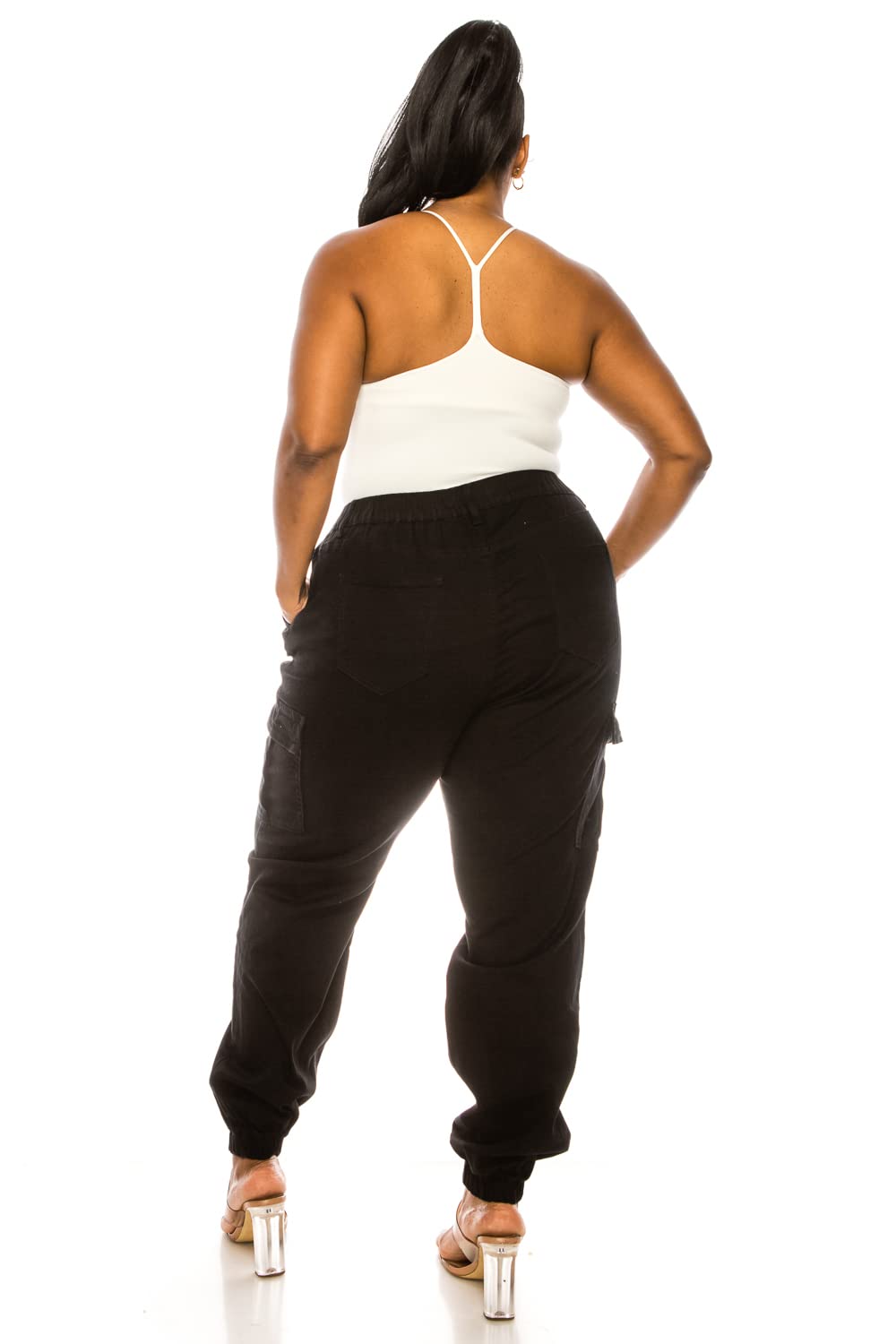 Double Denim January 5th Women's Plus Size High Waist Camouflage Cargo Jogger Elastic Waistband Casual Tapered Pants SCP-2049-BLACK-S