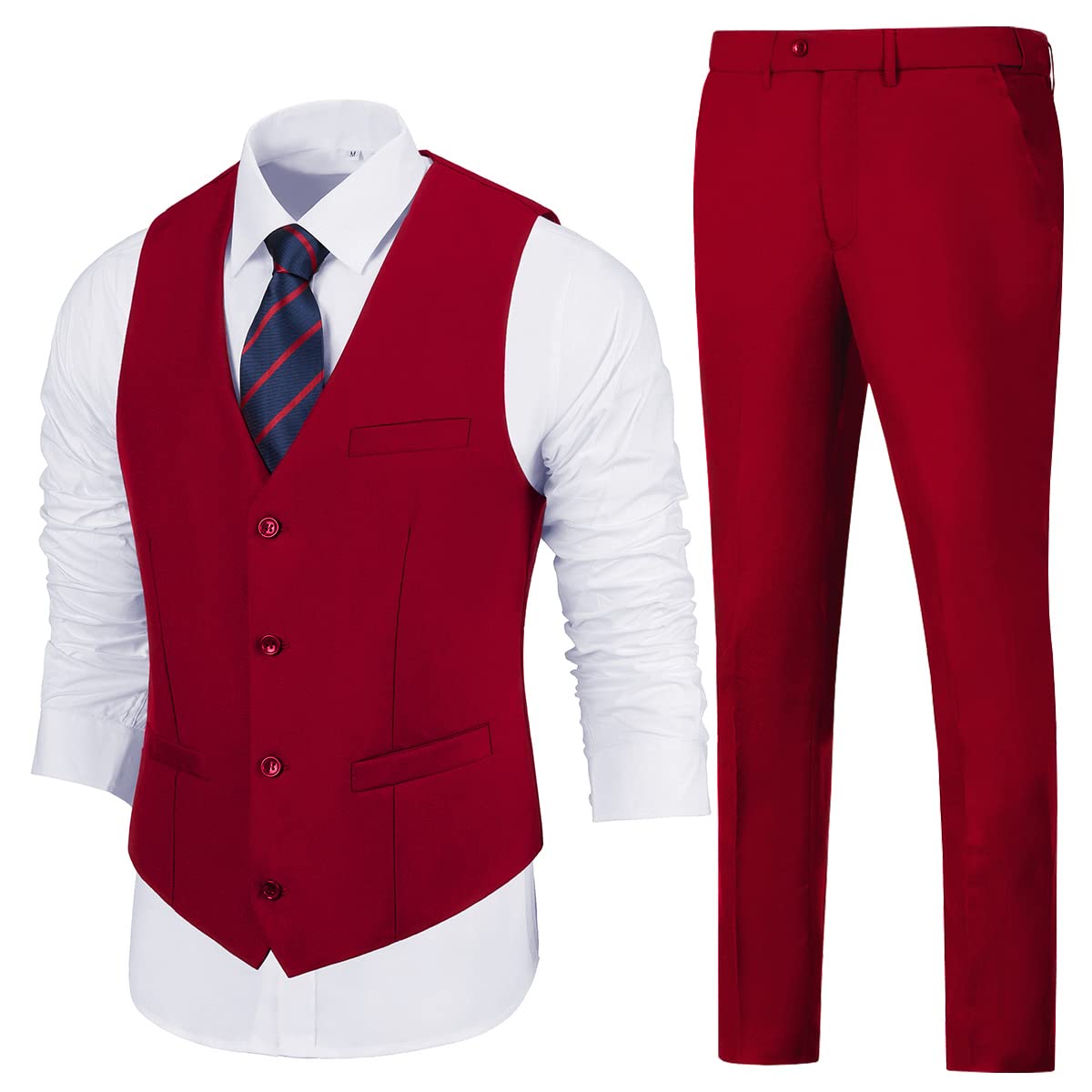 Mens Slim Fit 2 Piece Suit Set V-Neck Solid Dress Suit Vest Pants Wedding Prom Tuxedo for Men