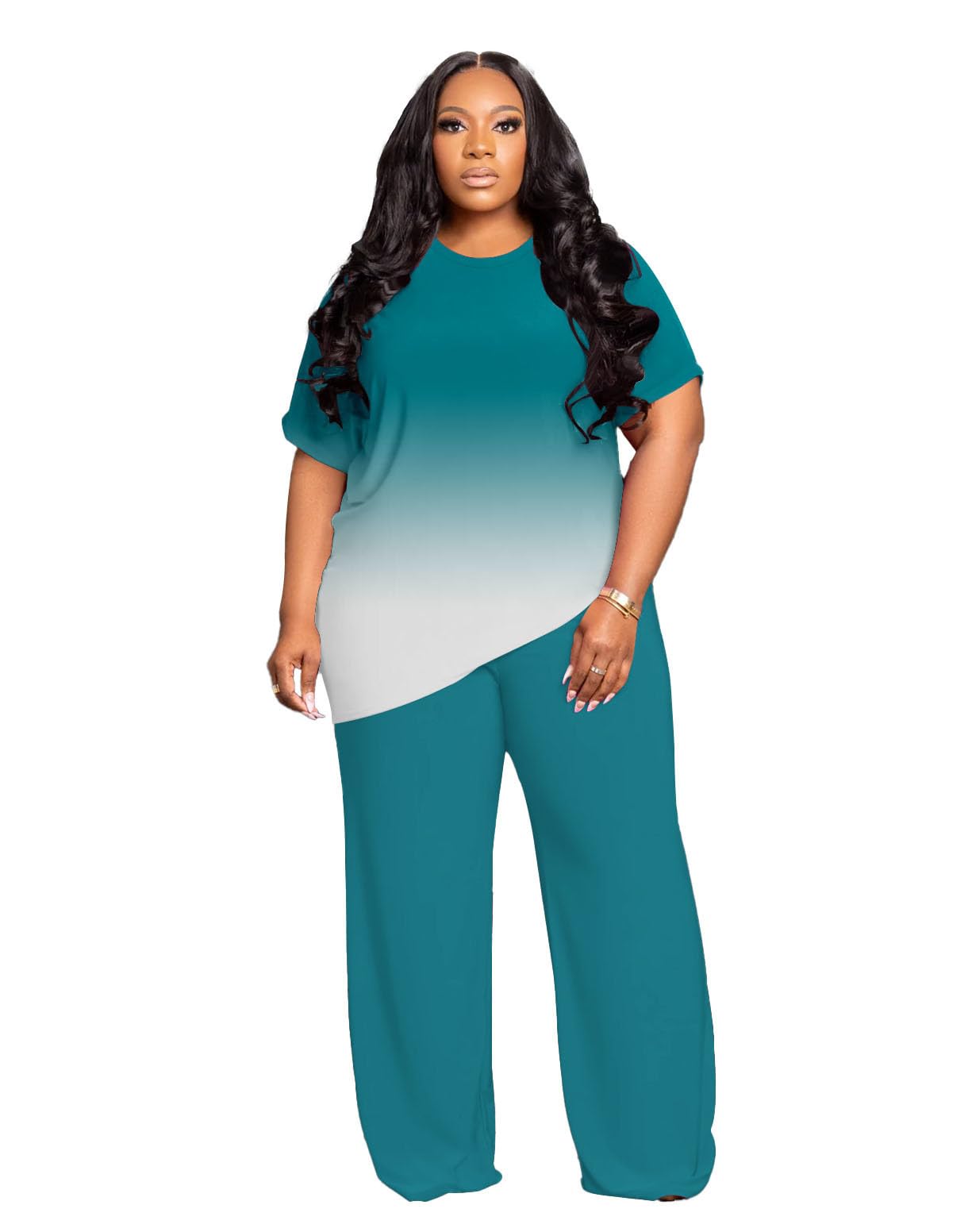 Tycorwd Women's Plus Size Two Piece Outfits Sweatsuits Sets Casual Short Sleeve Tops Loose Wide Leg Pants Tracksuit Sets