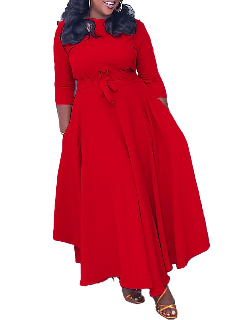 Baczoe Plus Size Dress for Curvy Women Stretch Self Tie A-Line Maxi Dress with Pockets Swing Long Outfit