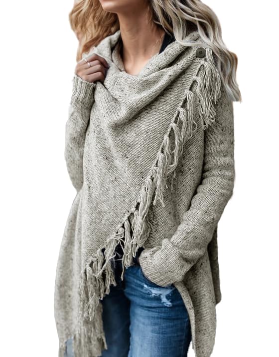 Women's Open Front Knited Tassels Slash Loose Cardigan Crew Neck Speckled Fringe Sweater Outwear